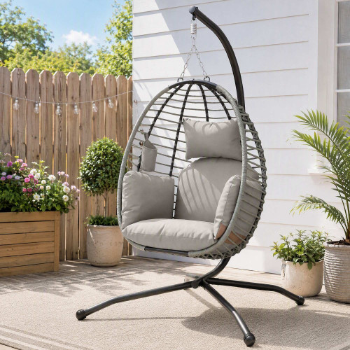 Outsunny Silla Colgante Huevo Con Soporte Cesta Plegable Cojín Gris Y Negro