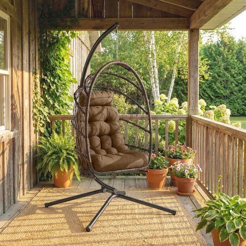 Outsunny Silla Colgante Huevo Con Soporte Cesta Plegable Cojín Marrón