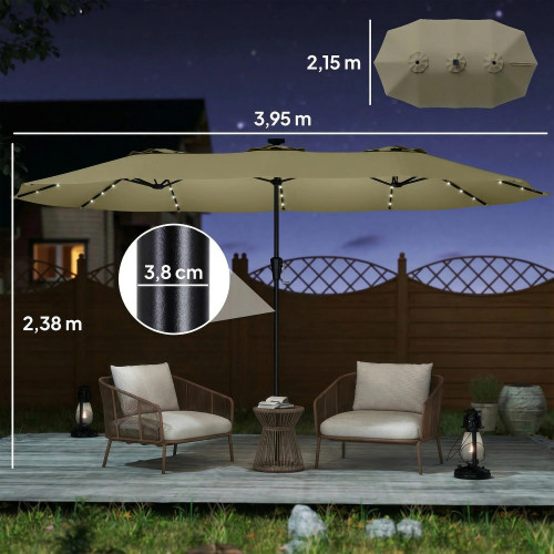 Outsunny Sombrilla Doble 4x2 M Con 36 Luces Led Manivela Upf50+ Beige