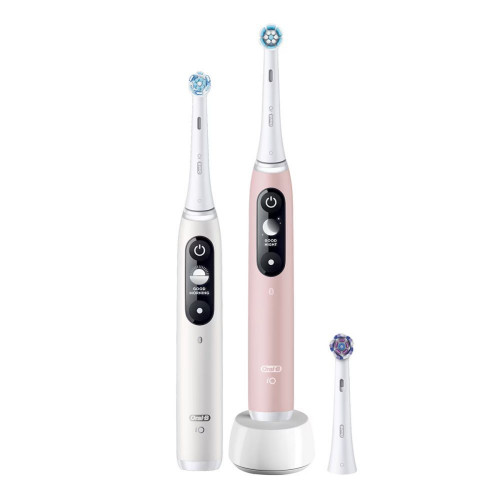 Pack 2 cepillos de dientes eléctricos Oral-B iO 6 con pantalla y 3 cabezales de recambio Blanco / Rosa