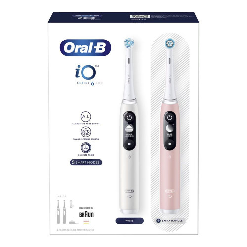 Pack 2 cepillos de dientes eléctricos Oral-B iO 6 con pantalla y 3 cabezales de recambio Blanco / Rosa
