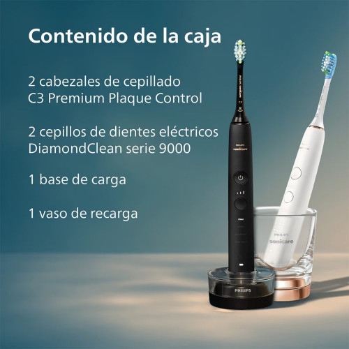 Pack 2 cepillos de dientes eléctricos Philips Sonicare DiamondClean 9000, tecnología sónica, sensor de presión, 4 modos, 2 intensidades, conectado Blanco y negro