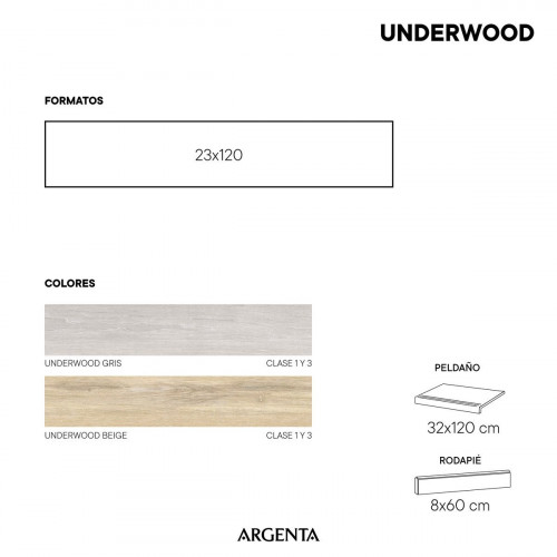 Pack de 2 peldaños gres porcelánico Underwood efecto madera beige 120x32cm espesor 50mm