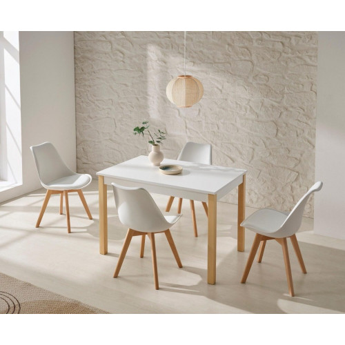 Pack de 4 sillas de cocina Elba con patas de madera haya natural y asiento de polipropileno blanco
