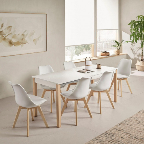Pack de 4 sillas de cocina Elba con patas de madera haya natural y asiento de polipropileno blanco