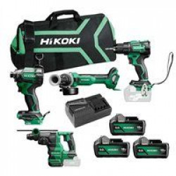 Pack HIKOKI Taladro + Amoladora + Martillo +Atornillador Impacto + 3 Baterías + Cargador + Bolsa