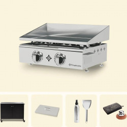 Pack Plancha de gas de acero inoxidable FLAMENCO 2 quemadores + Tapa + Accesorios + Carro