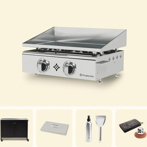 Pack Plancha de gas de acero inoxidable FLAMENCO 2 quemadores + Tapa + Accesorios + Carro