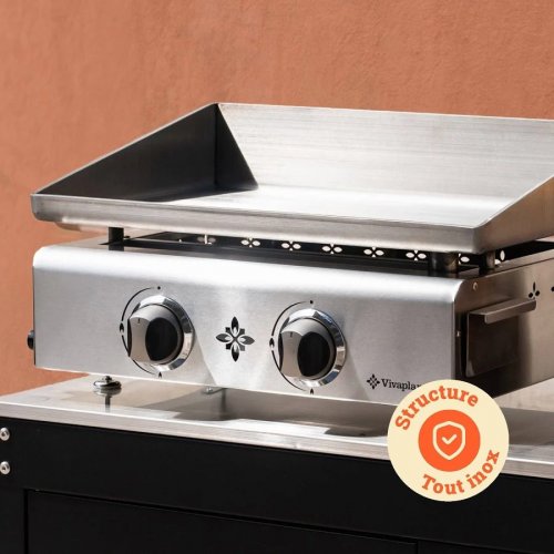 Pack Plancha de gas de acero inoxidable FLAMENCO 2 quemadores + Tapa + Accesorios + Carro