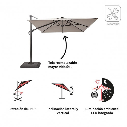 Parasol rectangular NATERIAL Sonora II LED de aluminio topo 280x390 cm