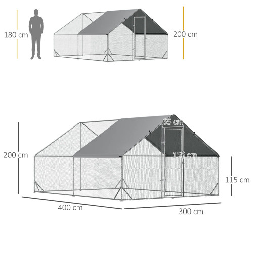 Pawhut Gallinero Para Exterior 3x4x2m Con Cubierta De Pe Y Cerradura Plata