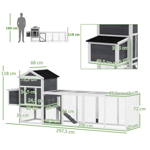Pawhut Gallinero Para Exterior Para 3-6 Gallinas 297,5x68x118 Cm Gris Y Blanco