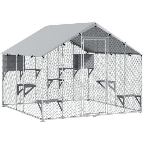 Pawhut Jaula Grande Para Gatos Exterior Con 2 Casitas 240x193x195 Cm Plata