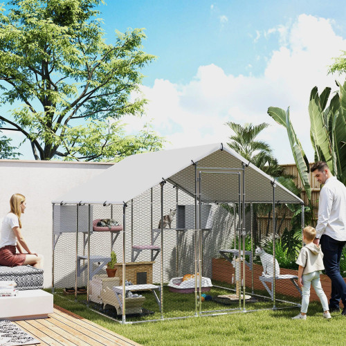 Pawhut Jaula Grande Para Gatos Exterior Con 2 Casitas 240x193x195 Cm Plata