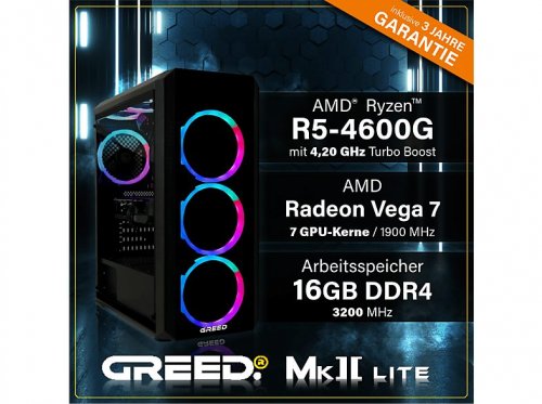 PC Gaming - GREED MK2 AMD Lite, AMD Ryzen 5 4600G, 16 GB RAM, 512 GB SSD, Radeon™ RX Vega 7, Windows 11 Pro, Negro
