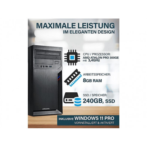 PC Sobremesa - HYPER BYTE Office Pc - para multimedia / negocios, AMD Athlon PRO 300GE, 8 GB RAM, 240 GB SSD, Sin tarjeta gráfica, Windows 11 Pro, Negro