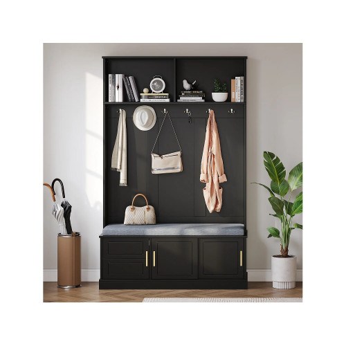 Perchero con banco zapatero, 6 ganchos triples, independiente, diseño moderno, aglomerado, negro (120x40x191 cm)