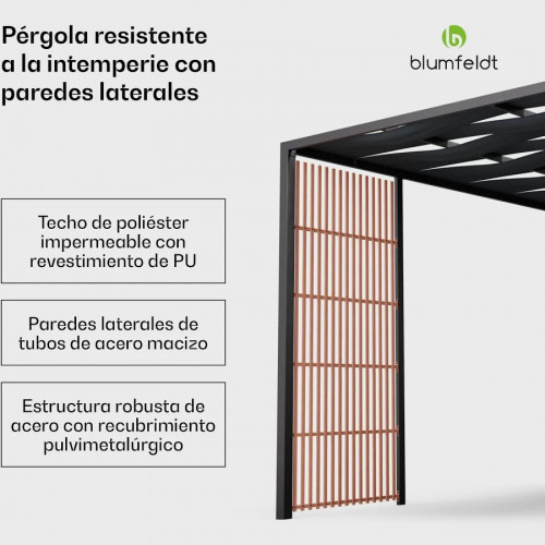 Pérgola Blumfeldt Shade Cove Vert 3x3m paredes laterales con recubrimiento de polvo resistente a la intemperie