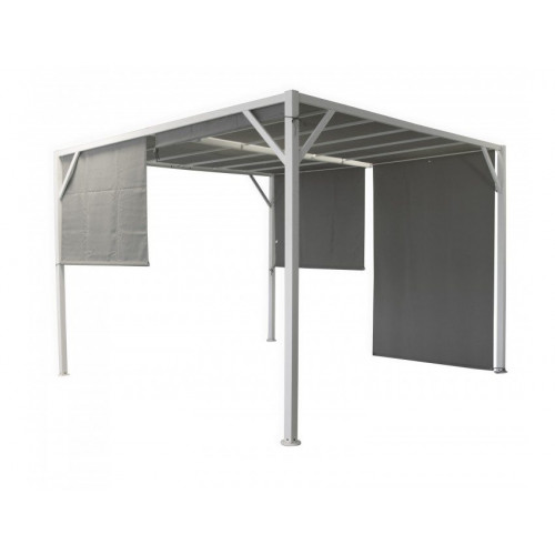 Pérgola cenador de 3x3 m de metal pintado de blanco con cortinas laterales beige - Tiglio