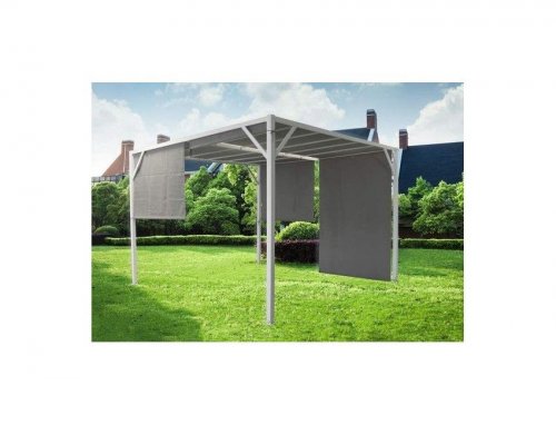 Pérgola cenador de 3x3 m de metal pintado de blanco con cortinas laterales beige - Tiglio