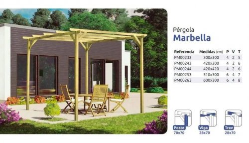 Pérgola de madera Marbella 300x300 a 600x300 300x300 cm Anclajes metálicos postes
