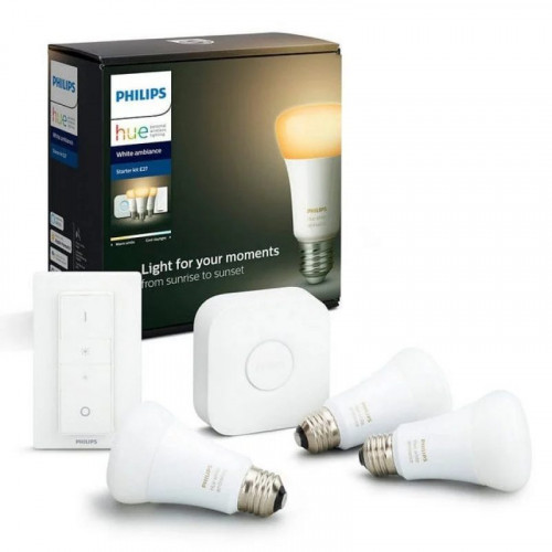 Philips Hue White Ambiance Kit Puente+Mando+3 Bombillas Inteligentes LED E27 9W Blanca