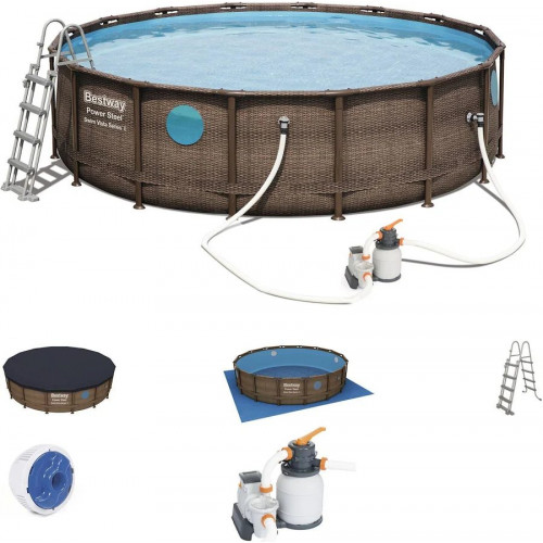 Piscina Desmontable Tubular Bestway Power Steel Diseño Rattan 488x122 cm Depuradora de Arena de 5.678 Litros/h