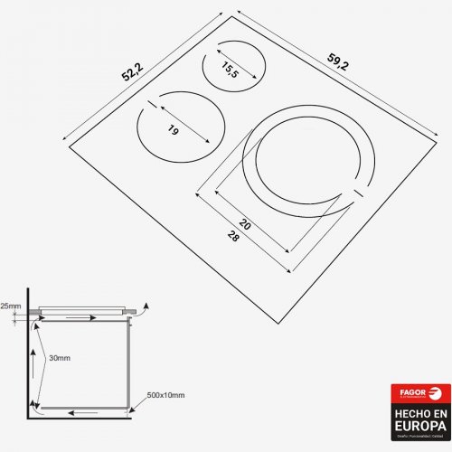Placa vitrocerámica Fagor 4vft-33ac con 3 zonas de cocción zona