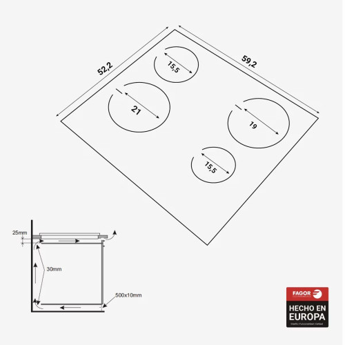 Placa vitrocerámica Fagor con 4 zonas de cocción Comfort - 4VFT-40AC Negro