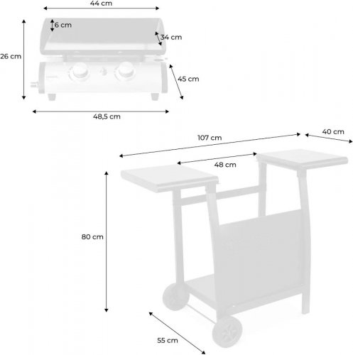 Plancha de gas de 2 quemadores 5kw con carrito y estante