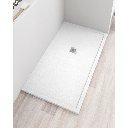 Plato de Ducha de Resina con Borde Extraplano Antideslizante Valvula y Rejilla | Textura Piedra | Blanco | 70 X 100 cm