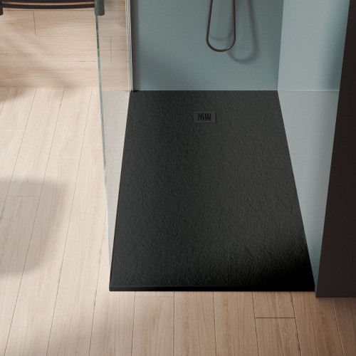 Plato de Ducha de Resina Extraplano Antideslizante | Valvula y Rejilla Negro | Negro | 80cm X 80cm