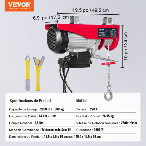 Polipasto eléctrico,Capacidad elevación SucceBuy 2200 lbs,1600W 220V,Winche cable de acero con control remoto inalámbrico,Altura elevación 40 pies
