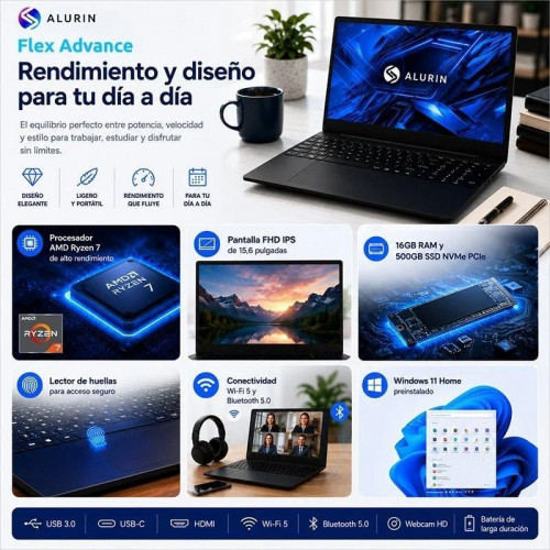 Portátil Alurin Flex Advance AMD Ryzen 7-5825U 15.6