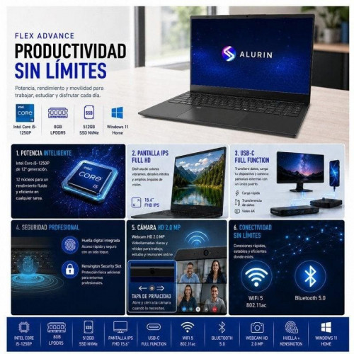 Portátil Alurin Flex Advance Intel Core i5 1250P 15.6
