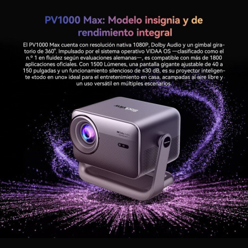 Proyector Blackview PV1000 Max 1080P, decodificación 4K, 1500 Lúmenes, gimbal 360°, enfoque automático, VIDAA OS, Netflix/Apple TV