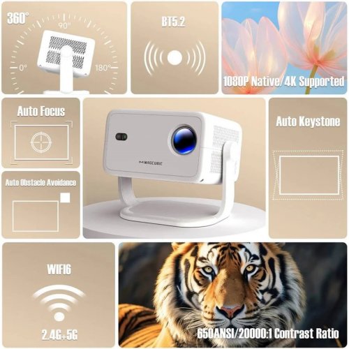Proyector inteligente miniproyector 4k compatible con 650ansi android 11 con corrección trapezoidal automática incorporada
