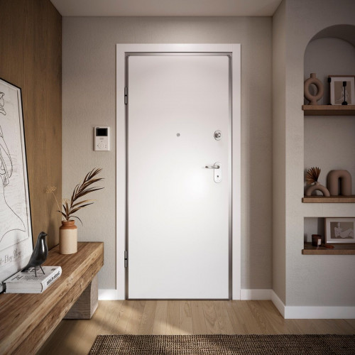 Puerta de entrada acorazada serie Omega liso sapelly / interior liso blanco apertura derecha 204x84cm