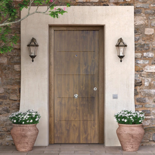 Puerta de entrada metálica serie Saga Multi 1105 fresada roble viejo /interior liso roble viejo apertura izquierda 210x90cm