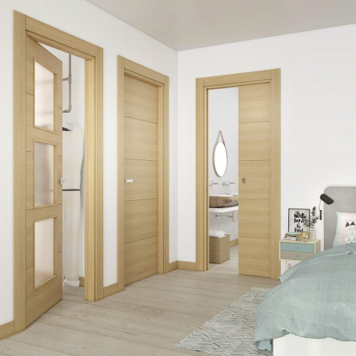 Puerta de interior abatible ciega maciza melamina Line Berna roble miel apertura izquierda cerco de 7x3 anchura 72.5cm