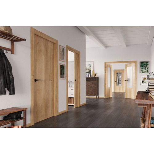 Puerta de interior abatible ciega maciza melamina Line Plus Lisboa roble apertura izquierda cerco de 7x3 anchura 72.5cm