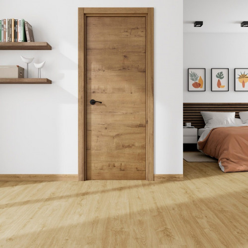 Puerta de interior abatible ciega maciza melamina Line Plus Oslo Gold roble apertura derecha cerco de 9x3 anchura 72.5cm