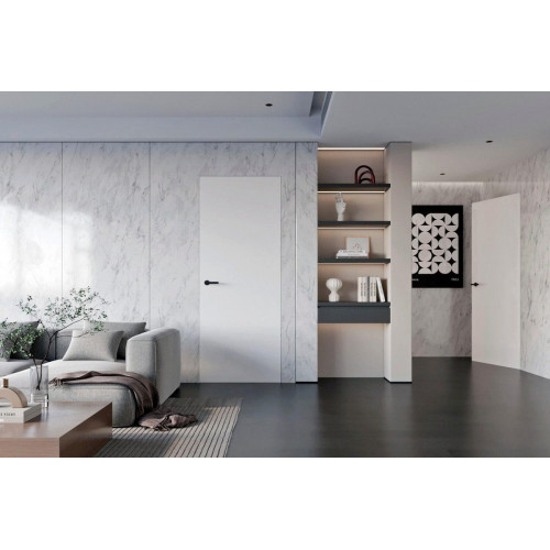 Puerta de interior abatible enrasada ciega hueca lacada Bari blanco apertura derecha cerco de 35 x 30 anchura 72.5cm