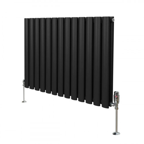 Radiador De Columna Ovalada - 600mm x 780mm - Negro & Válvulas Cromadas TRV