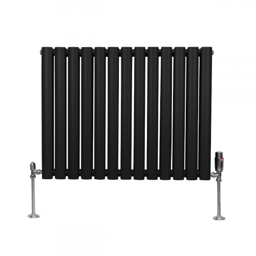 Radiador De Columna Ovalada - 600mm x 780mm - Negro & Válvulas Cromadas TRV