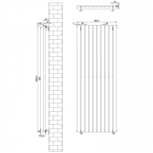 Radiador de Columna Simple Ovalado y Válvulas – 1600 mm x 600 mm – Blanco