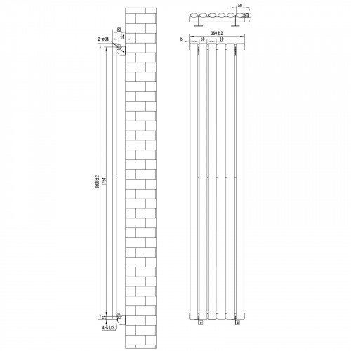 Radiador de Columna Simple Ovalado y Válvulas – 1800 mm x 360 mm – Blanco