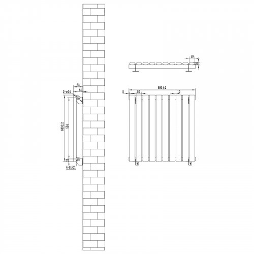 Radiador de Columna Simple Ovalado y Válvulas – 600 mm x 600 mm – Blanco