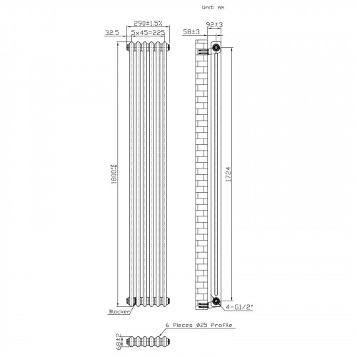 Radiador Tradicional de 2 Columnas y Válvulas - 1800 x 290mm - Metal Crudo