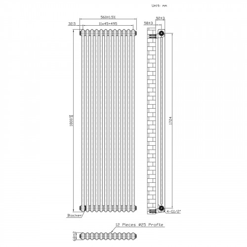 Radiador Tradicional de 2 Columnas y Válvulas - 1800 x 560mm - Metal Crudo